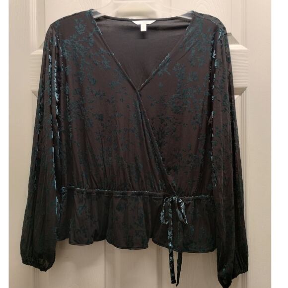 LC Lauren Conrad Size XL Black & Green Velvet Texture Clasp Front V-Neck Top - Picture 1 of 7